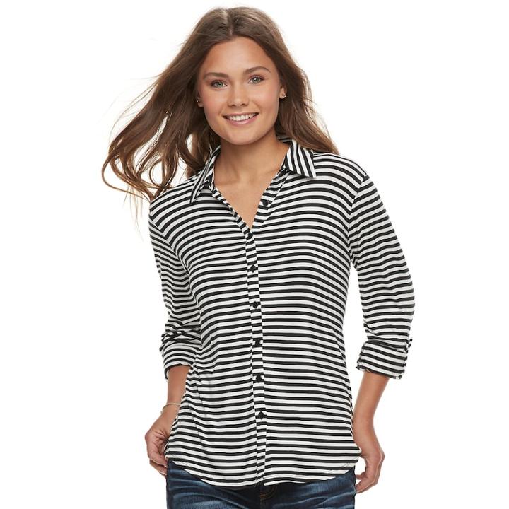 Juniors' Love, Fire Knit Button Front Shirt, Teens, Size: Large, Black White Stripe