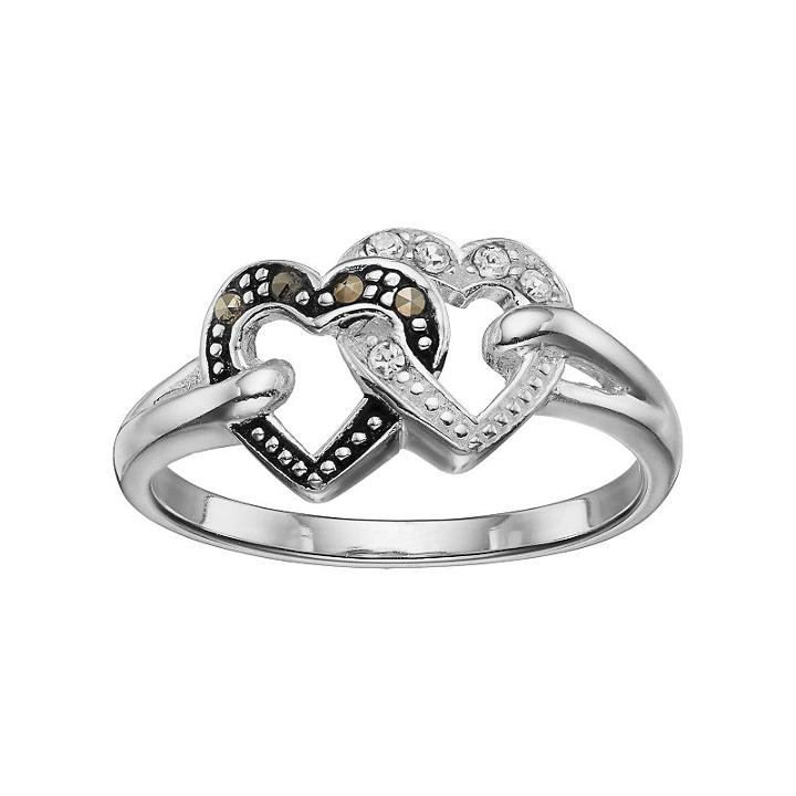 Silver Luxuries Marcasite & Crystal Double Heart Ring, Women's, Size: 9, Grey