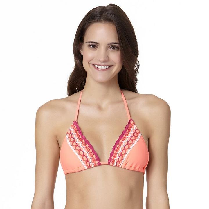 In Mocean Peach Crochet Trim Bikini Top, Size: Large, Med Orange