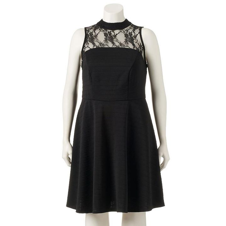 Juniors' Plus Size Wrapper Lace Illusion Skater Dress, Girl's, Size: 2xl, Black