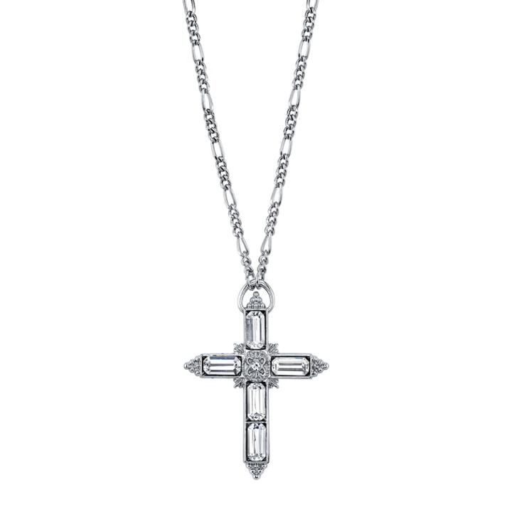 1928 Crystal Baguette Cross Pendant Necklace, Women's, Size: 28, Grey