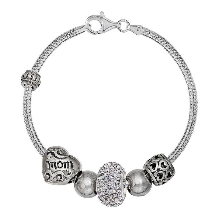 Individuality Beads Crystal Sterling Silver Snake Chain Bracelet & Mom Bead Set, Women's, Size: 8, White