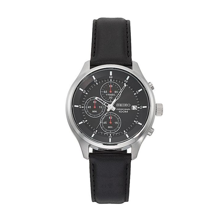 Seiko Men's Leather Chronograph Watch - Sks547, Black