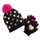 Girls 4-16 Pom Top Gold Foil Heart Hat & Gloves Set, Black