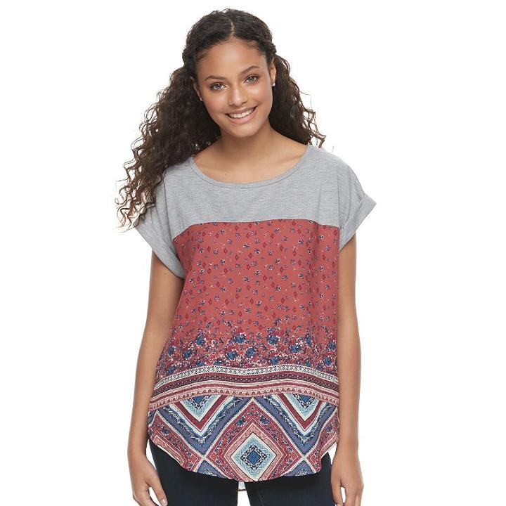 Juniors' Rewind Print Mixed Media Top, Teens, Size: Medium, Orange Oth