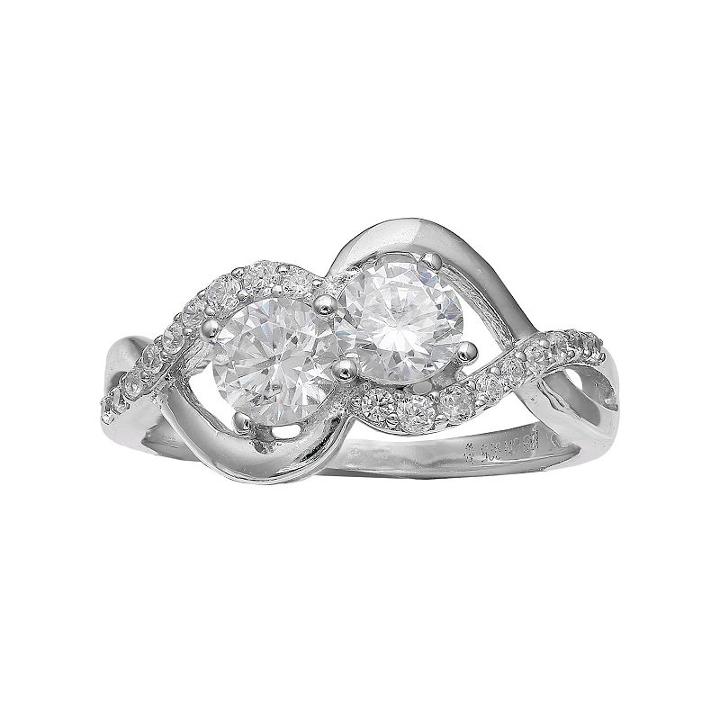 Intertwined Sterling Silver Cubic Zirconia Two Stone Twist Ring, Women's, Size: 6, White