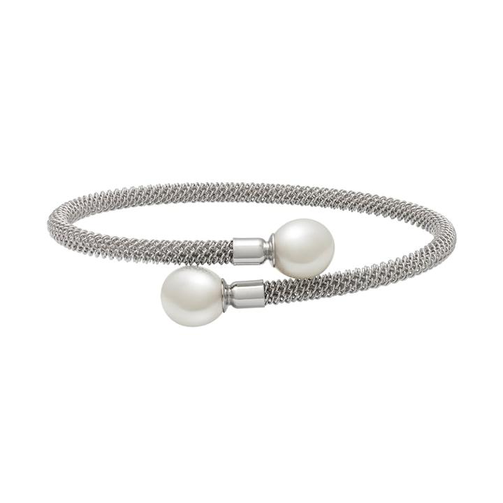 Sterling Silver Freshwater Cultured Pearl Mesh Bypass Bangle Bracelet, Women's, Size: 7, White