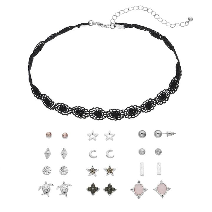 Mudd&reg; Lace Choker Necklace & Turtle Stud Earring Set, Teens, Blue