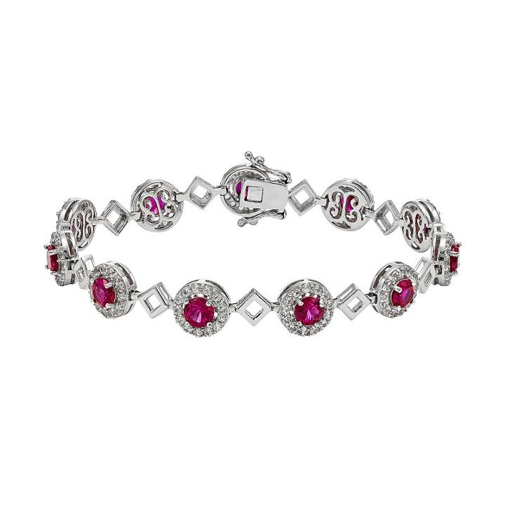 Lab-created Ruby & Lab-created White Sapphire Sterling Silver Halo Bracelet, Women's, Size: 7.5, Red