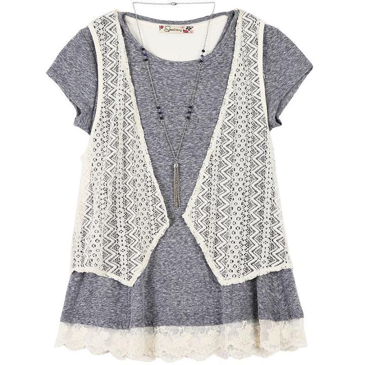 Girls 7-16 Speechless Crochet Vest & Lace Hem Tee With Necklace, Size: Large, Blue Other