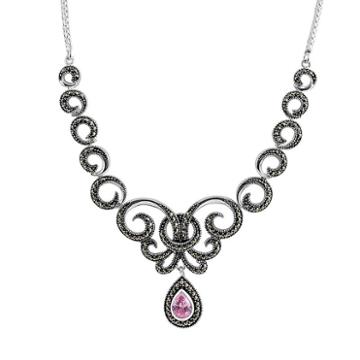 Le Vieux Pink Cubic Zirconia And Marcasite Silver-plated Flower Teardrop Necklace, Women's, Size: 17