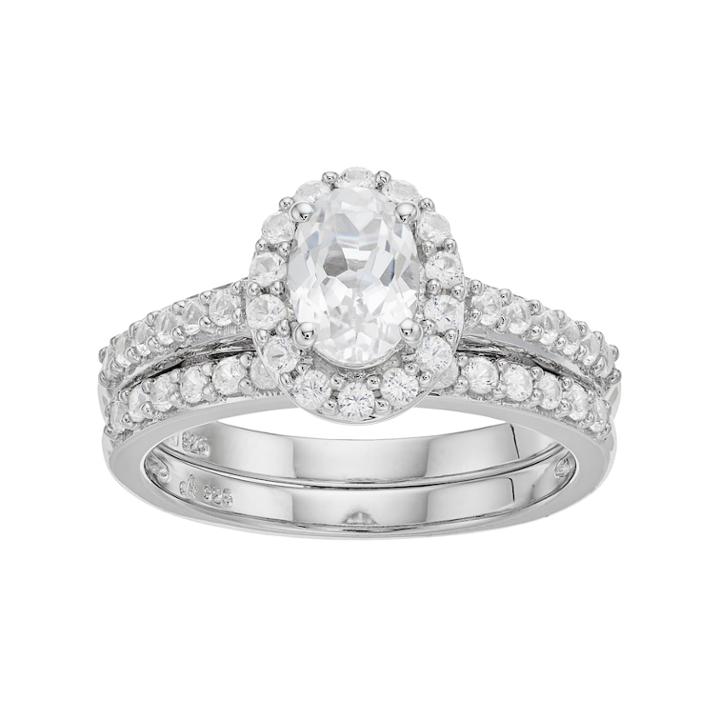 Sterling Silver Lab-created White Sapphire Oval Halo Engagement Ring Set, Women's, Size: 8