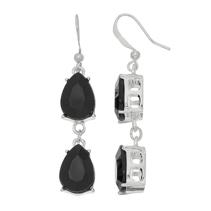 Black Double Teardrop Nickel Free Linear Earrings, Women's