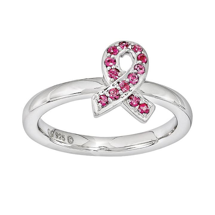 Stacks And Stones Sterling Silver Pink Crystal Breast Cancer Awareness Ribbon Stack Ring - Made With Swarovski Crystals, Women's, Size: 7