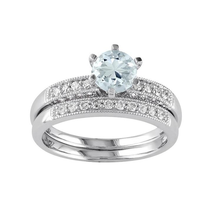 10k White Gold Aquamarine & 1/3 Carat T.w. Diamond Engagement Ring Set, Women's, Size: 7, Blue