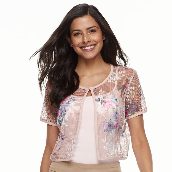 Women's Nina Leonard Floral Mesh Bolero, Size: Small, Pink