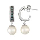 Freshwater Cultured Pearl & 1/10 Carat T.w. Blue Diamond Sterling Silver Hoop Drop Earrings, Women's
