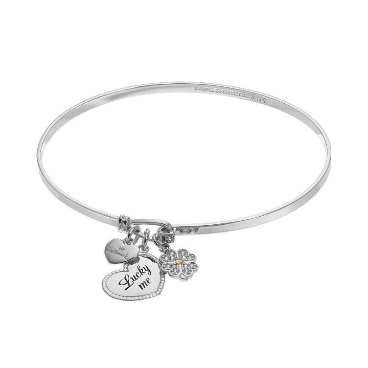 Hallmark Sterling Silver Cubic Zirconia Lucky Me & Clover Charm Bangle Bracelet, Women's, Grey