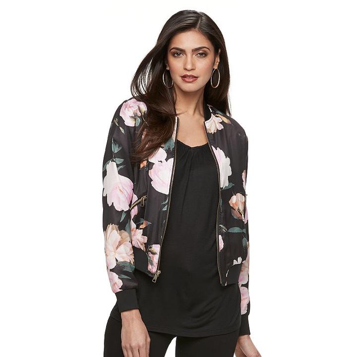 Women's Jennifer Lopez Floral Bomber Jacket, Size: Small, Black