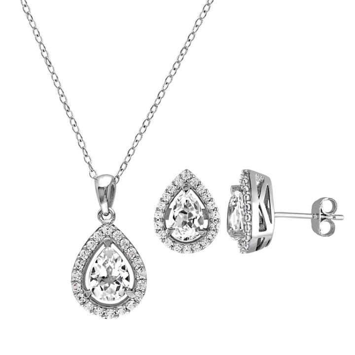 Stella Grace Lab-created White Sapphire Sterling Silver Teardrop Halo Pendant Necklace & Stud Earring Set, Women's, Size: 18