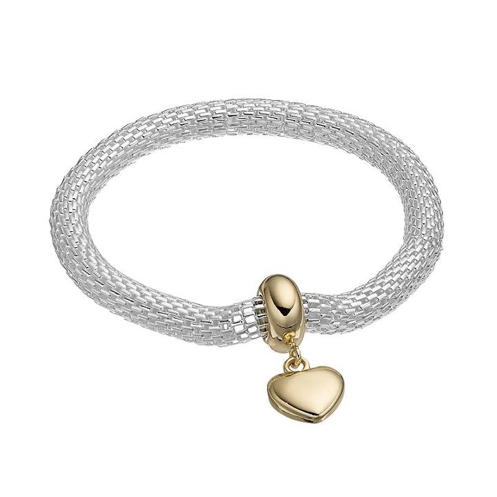Silver Plated Heart Charm Mesh Stretch Bracelet, Women's