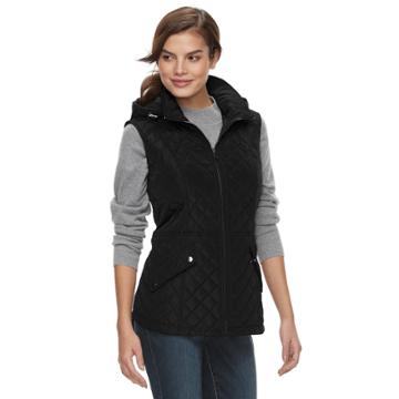 Women's Sebby Collection Hooded Long Quilted Vest, Size: Medium, Black