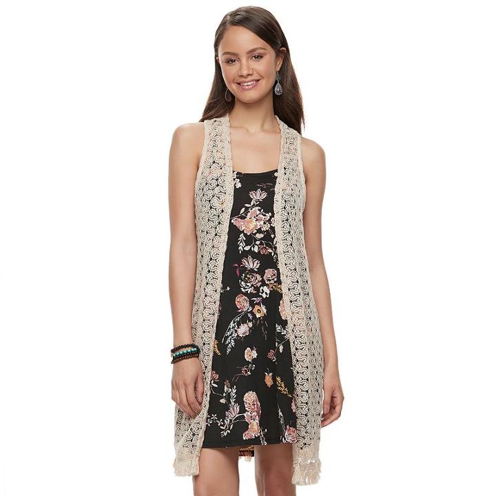 Juniors' Wallflower Crochet Vest & Swing Dress, Teens, Size: Xl, Dark Brown