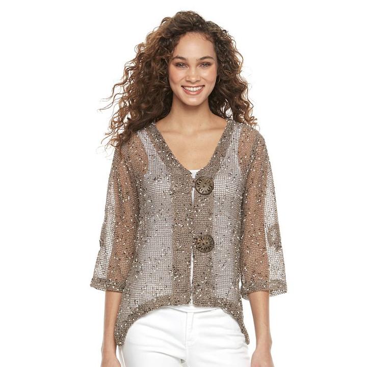 Women's Nina Leonard Open-work Embellished Cardigan, Size: Xl, Brown