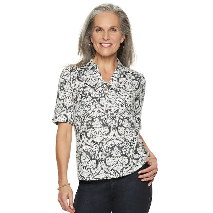 Women's Croft & Barrow&reg; Slubbed Roll-tab Shirt, Size: Medium, Grey (charcoal)