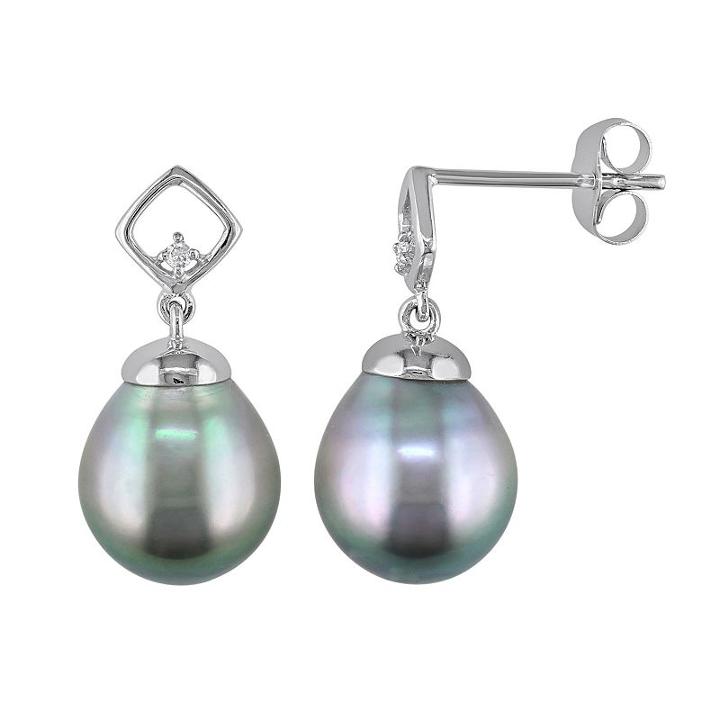 Tahitian Cultured Pearl And Diamond Accent 10k White Gold Drop Earrings, Women's, Black