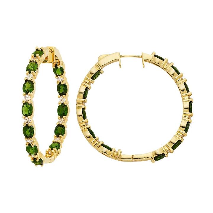 14k Gold Over Silver Chrome Diopside & White Zircon Inside Out Hoop Earrings, Women's, Green