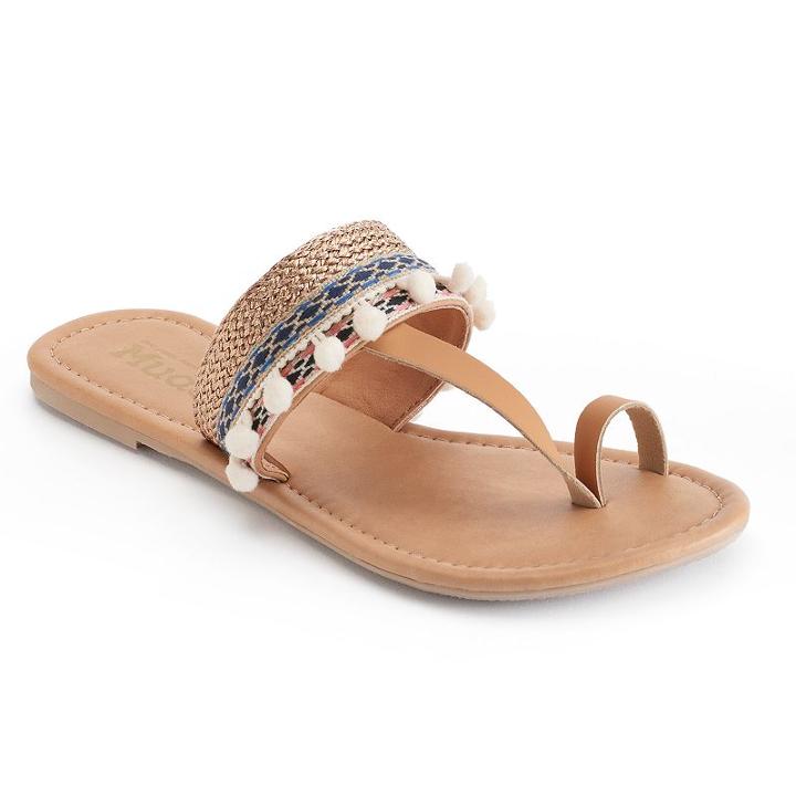 Mudd&reg; Festival Embroidered Mini Pom Pom Toe Loop Sandals, Women's, Size: Xl, Med Beige