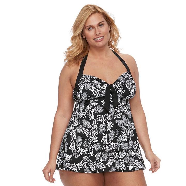 Plus Size A Shore Fit Hip Minimizer Halterkini Top & High-waisted Swim Bottoms Set, Women's, Size: 18 W, Black