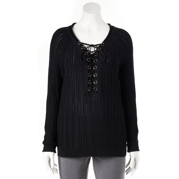 Women's Jennifer Lopez Textured Lace-up Sweater, Size: Medium, Black