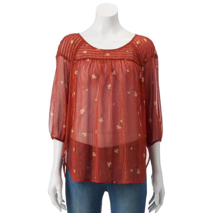 Women's Lc Lauren Conrad Printed Chiffon Peasant Top, Size: Xxl, Red