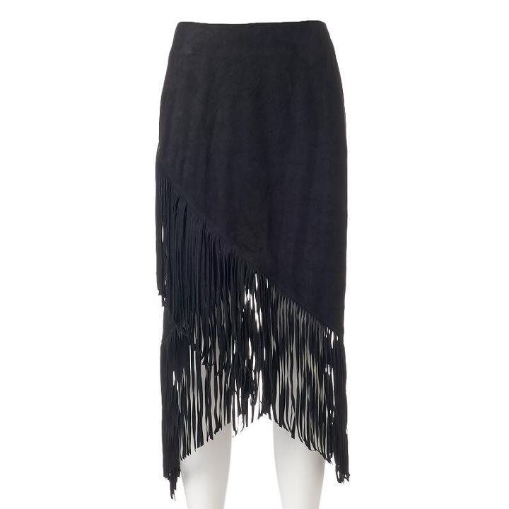 Women's Wdny Black Faux-suede Fringe Skirt, Size: Small, Oxford