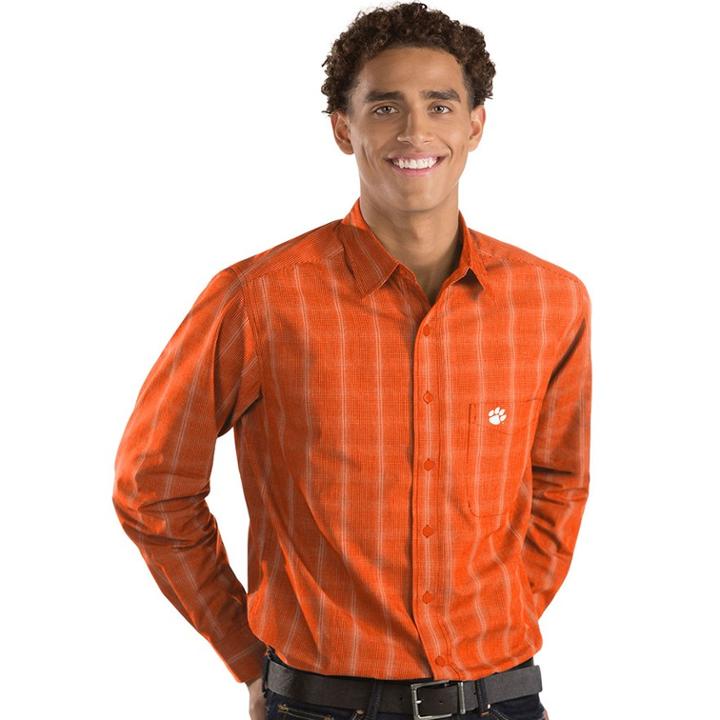 Men's Antigua Clemson Tigers Plaid Pattern Button-down Shirt, Size: Medium, Lt Orange