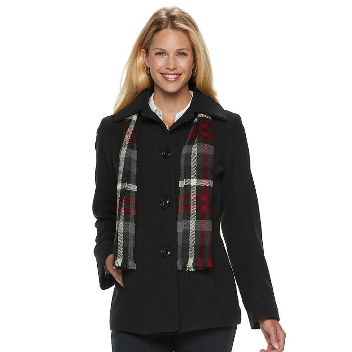 Plus Size Tower By London Fog Wool Blend Jacket & Scarf Set, Women's, Size: Large, Black