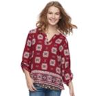 Juniors' Pink Republic Printed Popover Top, Teens, Size: Medium, Dark Red