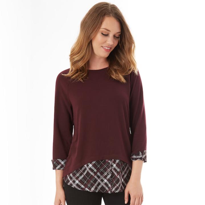 Women's Apt. 9&reg; French Terry Mock Layer Top, Size: Small, Raisin Plaid
