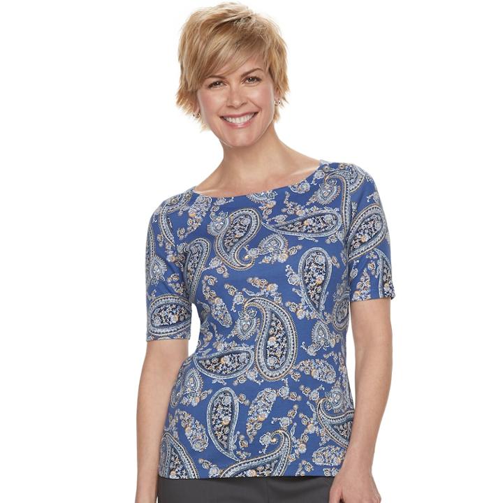 Women's Croft & Barrow&reg; Button-shoulder Boatneck Elbow Sleeve Top, Size: Medium, Dark Blue