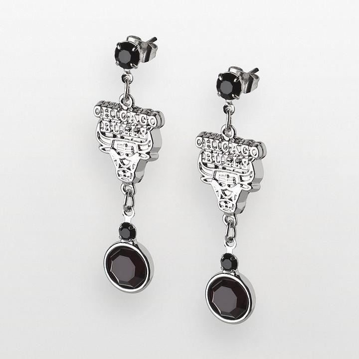Chicago Bulls Silver Tone Crystal Drop Earrings, Women's, Black