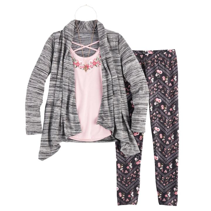 Girls 7-16 Knitworks Cozy Cardigan Top, Tank Top & Leggings Set With Necklace, Size: Xl, Grey