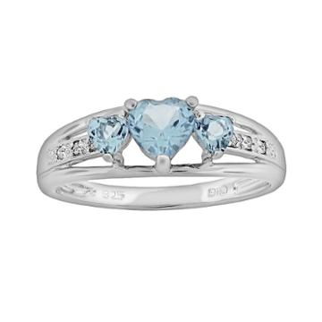 Sterling Silver Lab-created Aquamarine And Diamond Accent Heart 3-stone Ring, Women's, Size: 8, Blue