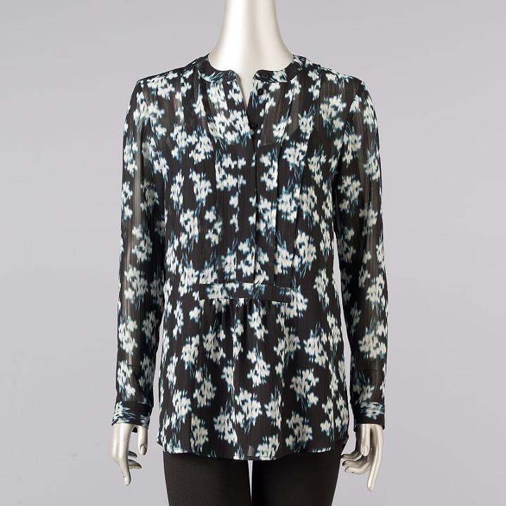 Women's Simply Vera Vera Wang Print Pintuck Blouse, Size: Xl, Dark Grey