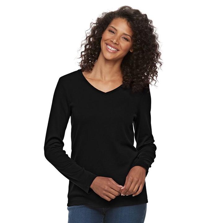 Women's Croft & Barrow&reg; Classic Long Sleeve V-neck Tee, Size: Xl, Black