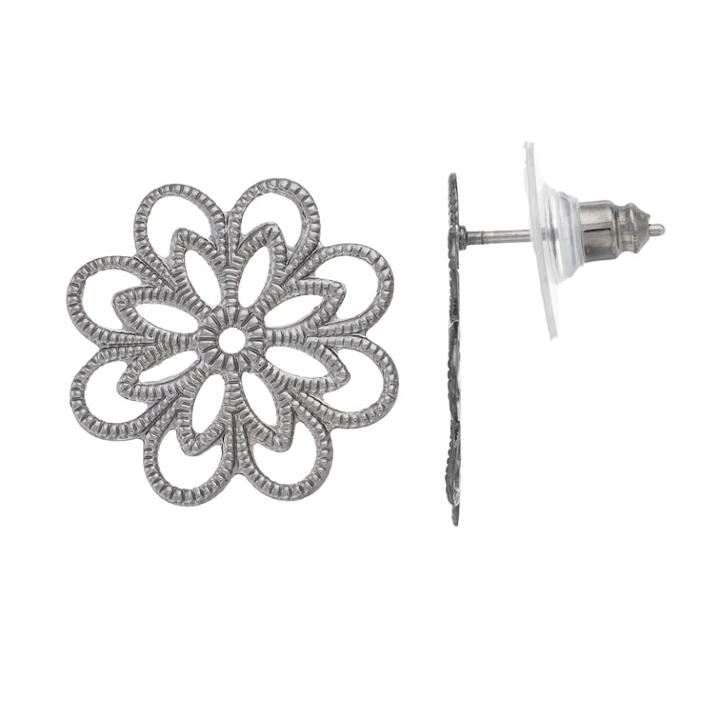 Textured Openwork Flower Drop Earrings, Women's, Black