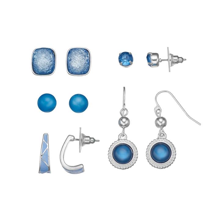 Blue Nickel Free Semi Hoop, Stud & Drop Earring Set, Women's