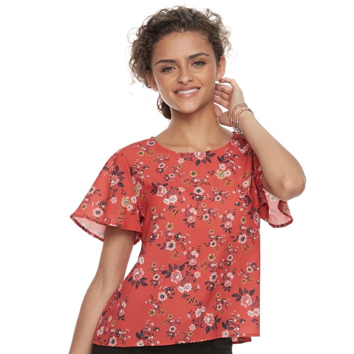 Juniors' Rewind Floral Flutter Top, Teens, Size: Large, Red
