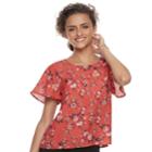 Juniors' Rewind Floral Flutter Top, Teens, Size: Large, Red